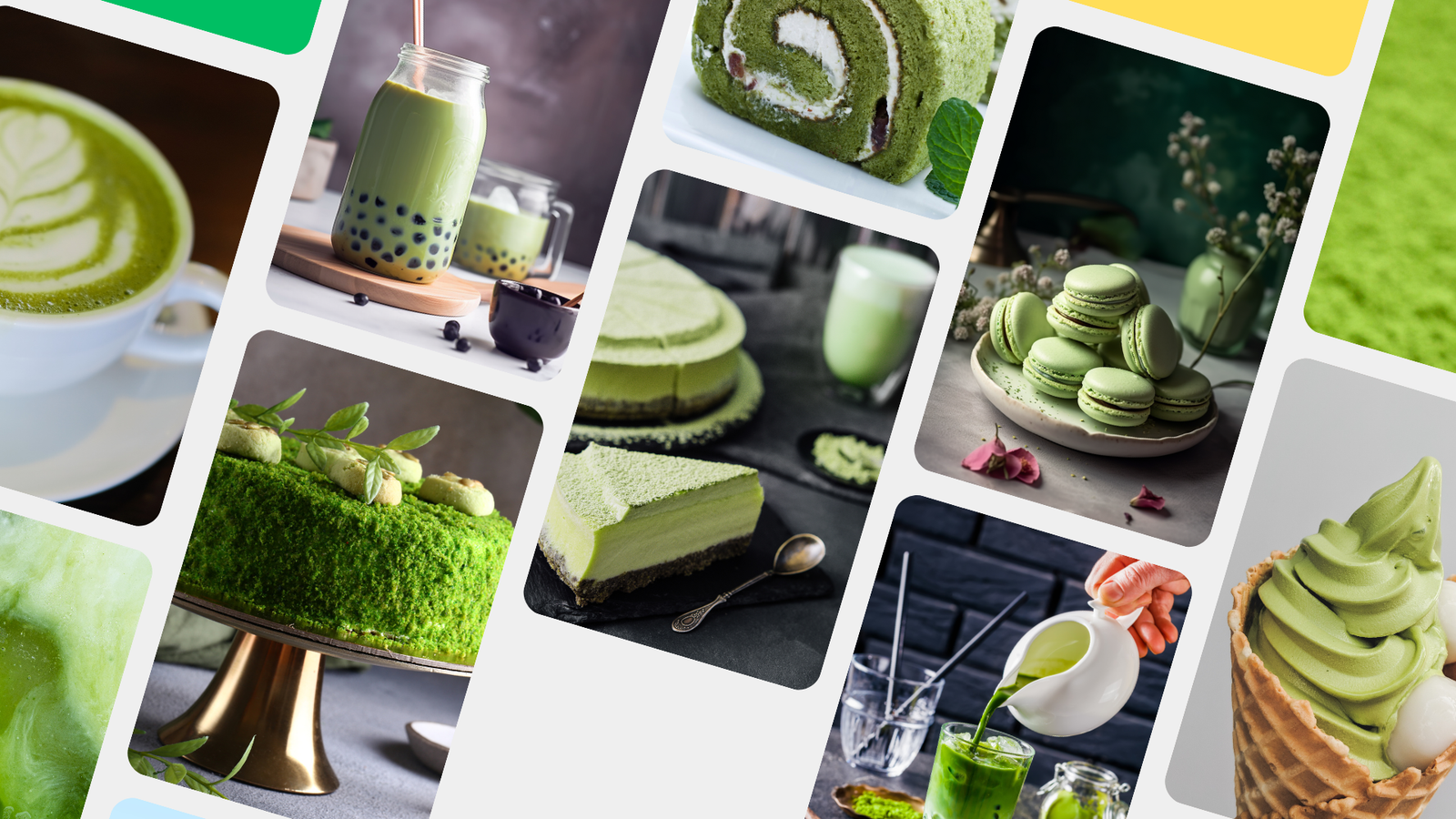 collage de fotos con con diferentes postres como helados, piononos, tortas, sufles, matcha latte caliente, matcha con tapioca